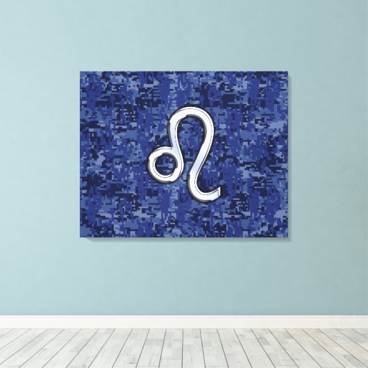 Chrome like Leo Sign on Navy Blue Digital Camo Canvas Afdruk (Insitu (Houten vloer))