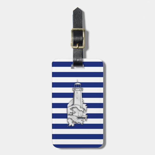 Chrome like Lighthouse on Nautical Stripes Bagagelabel (Voorkant verticaal)