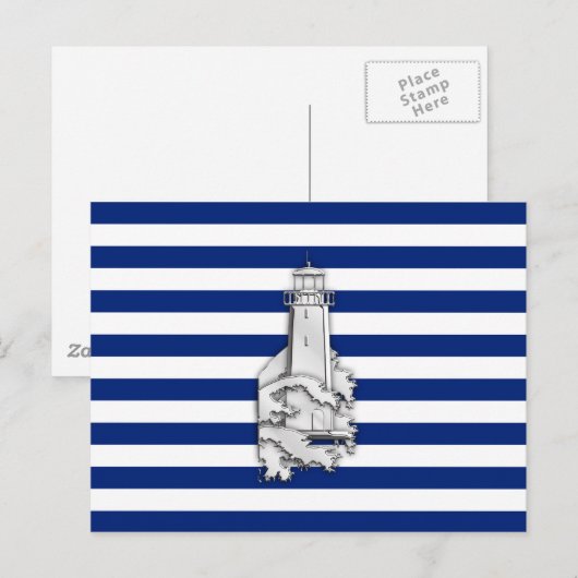 Chrome like Lighthouse on Nautical Stripes Briefkaart (Voorkant / Achterkant)
