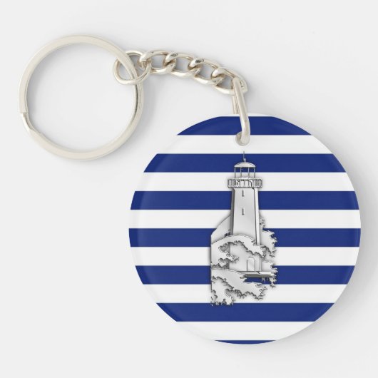 Chrome like Lighthouse on Nautical Stripes Sleutelhanger (Voorkant)