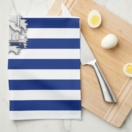 Chrome like Lighthouse on Nautical Stripes Theedoek (Quarter Fold)