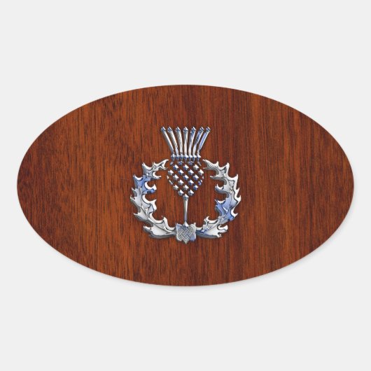 Chrome like Mahogany Wood Grain Scottish Thistle Ovale Sticker (Voorkant)
