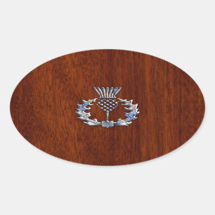 Chrome like Mahogany Wood Grain Scottish Thistle Ovale Sticker