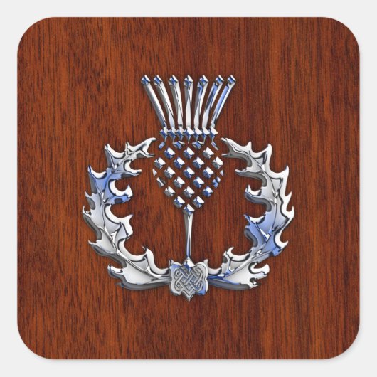 Chrome like Mahogany Wood Grain Scottish Thistle Vierkante Sticker (Voorkant)