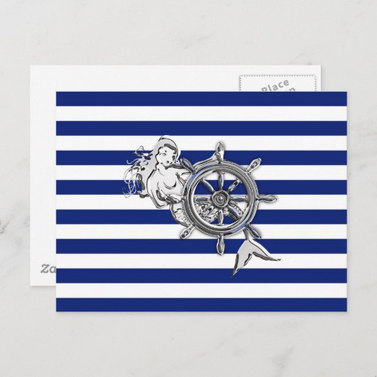Chrome like Mermaid on Nautical Stripes Briefkaart (Voorkant / Achterkant)