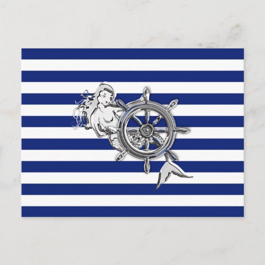 Chrome like Mermaid on Nautical Stripes Briefkaart (Voorkant)
