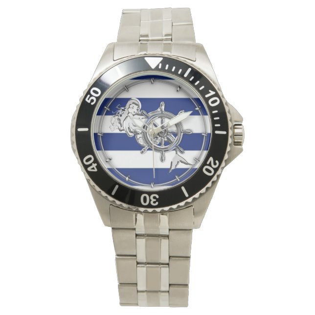 Chrome like Mermaid on Nautical Stripes Horloge (Voorkant)