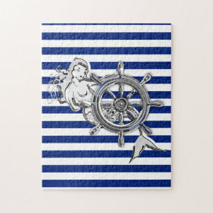 Chrome like Mermaid on Nautical Stripes Legpuzzel