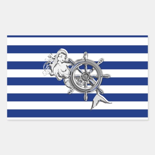 Chrome like Mermaid on Nautical Stripes Rechthoekige Sticker (Voorkant)