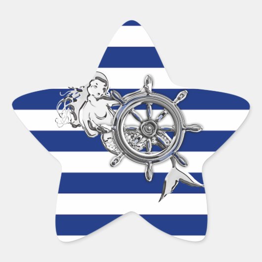Chrome like Mermaid on Nautical Stripes Ster Sticker (Voorkant)