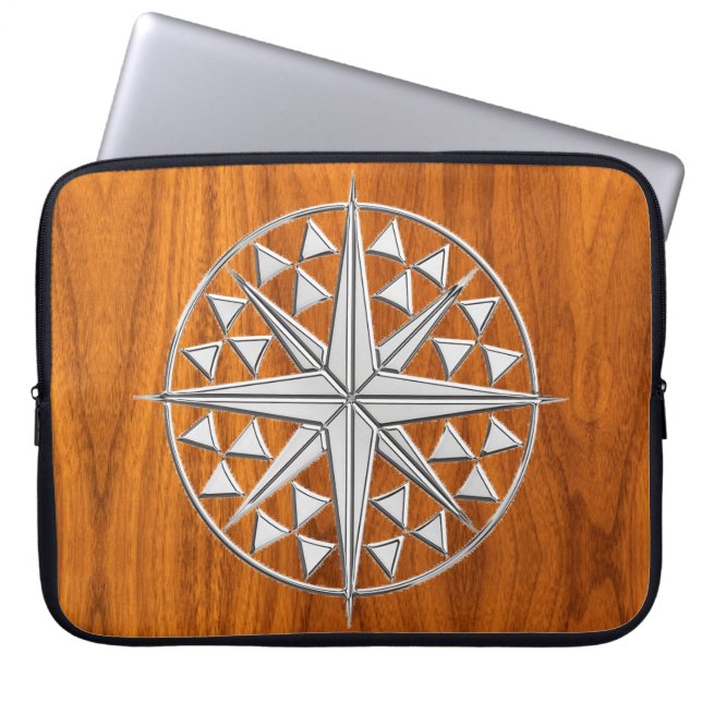 Chrome Like Nautical Compass on Teak Veneer Decor Laptop Sleeve (Voorkant)