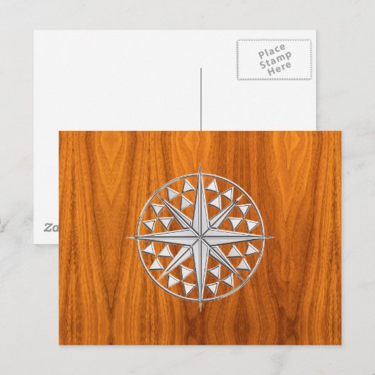 Chrome like Nautical Compass Star op Teak Veneer Briefkaart (Voorkant / Achterkant)