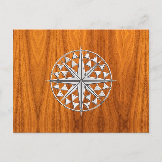 Chrome like Nautical Compass Star op Teak Veneer Briefkaart (Voorkant)