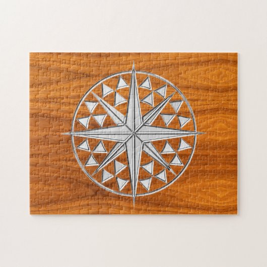 Chrome like Nautical Compass Star op Teak Veneer Legpuzzel (Horizontaal)