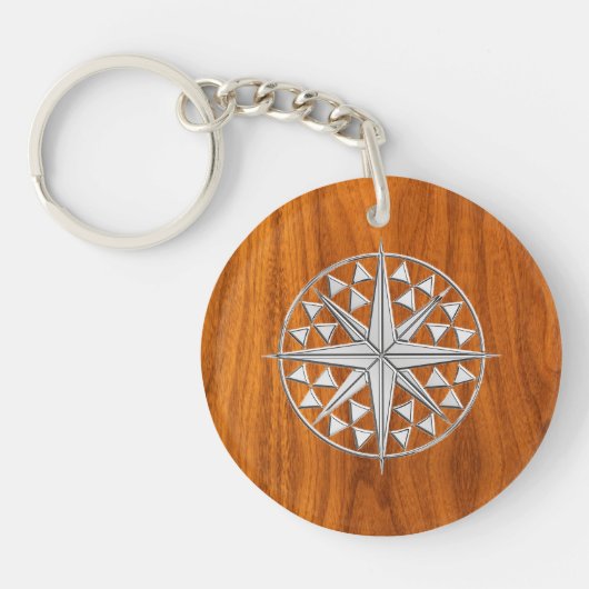 Chrome like Nautical Compass Star op Teak Veneer Sleutelhanger (Voorkant)