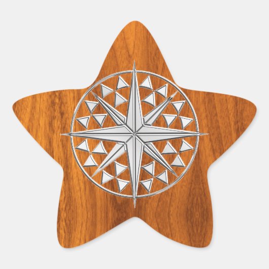Chrome like Nautical Compass Star op Teak Veneer Ster Sticker (Voorkant)