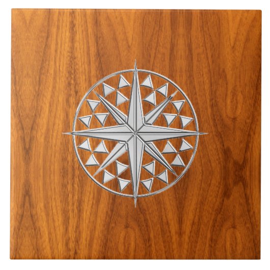 Chrome like Nautical Compass Star op Teak Veneer Tegeltje (Voorkant)