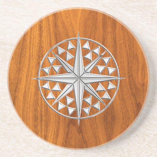Chrome like Nautical Compass Star op Teak Veneer Zandsteen Onderzetter (Voorkant)
