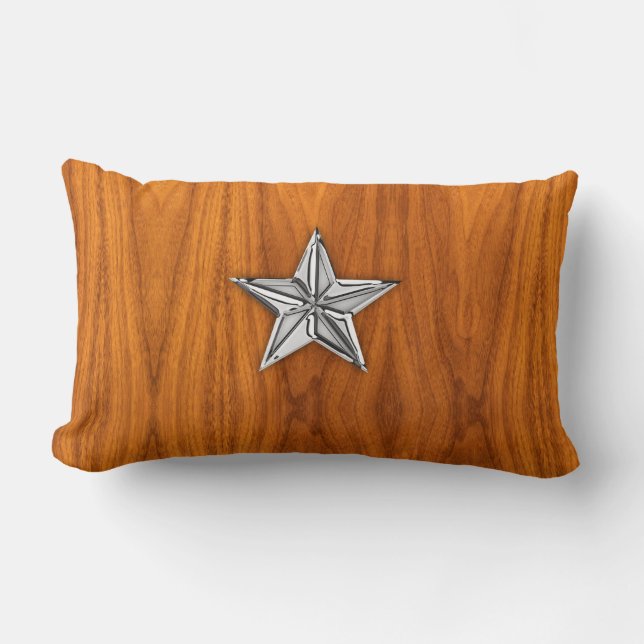 Chrome like Nautical Star op Teak Veneer Kussen (Voorkant)