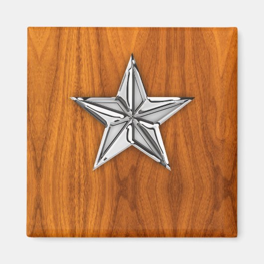 Chrome like Nautical Star op Teak Veneer Magneet (Voorkant)