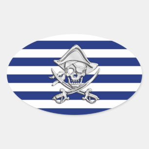 Chrome Like Pirate on Navy Stripes Ovale Sticker
