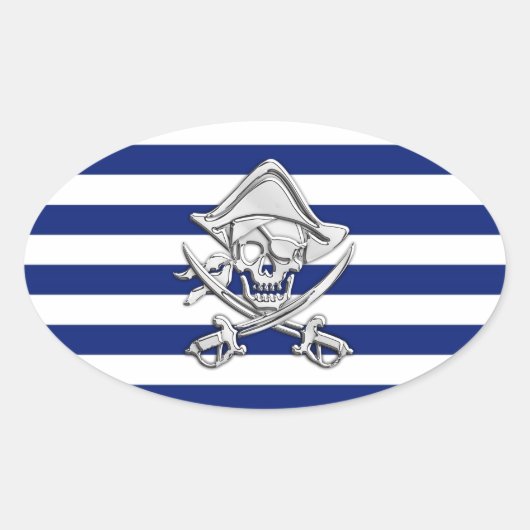 Chrome Like Pirate on Navy Stripes Ovale Sticker (Voorkant)