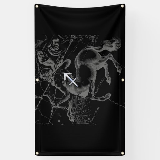 Chrome like Sagittarius Sign on Black Hevelius Spandoek (Verticaal)