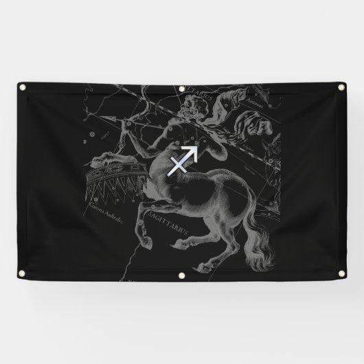 Chrome like Sagittarius Sign on Black Hevelius Spandoek (Horizontaal)