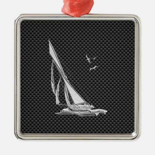 Chrome like Sailboot on Carbon Fibre Metalen Ornament (Voorkant)