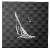 Chrome like Sailboot on Carbon Fibre Tegeltje (Voorkant)