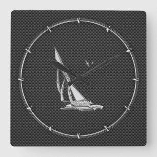 Chrome like Sailboot on Carbon Fibre Vierkante Klok