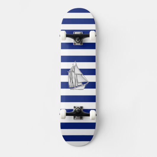 Chrome like Sailboot on Nautical Stripes Skateboard (Voorkant)