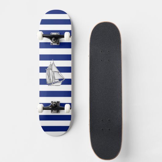 Chrome like Sailboot on Nautical Stripes Skateboard (Voorkant)