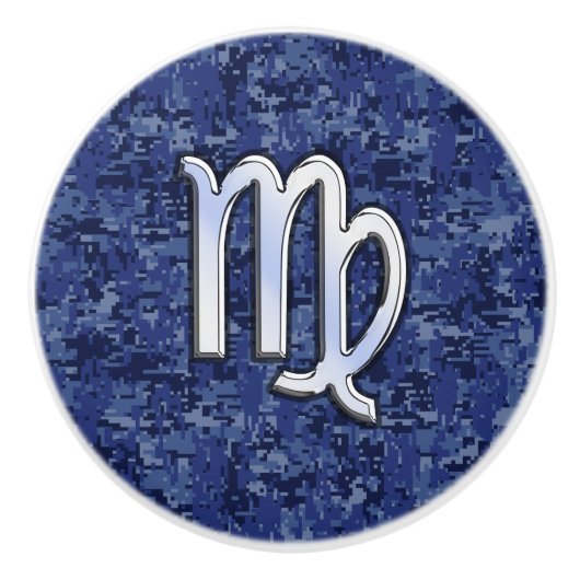 Chrome like Virgo Zodiac Sign on Blue Digital Camo Keramische Knop (Voorkant)