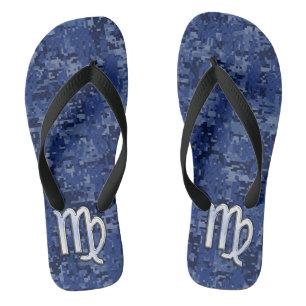 Chrome like Virgo Zodiac Sign on Blue Digital Camo Teenslippers