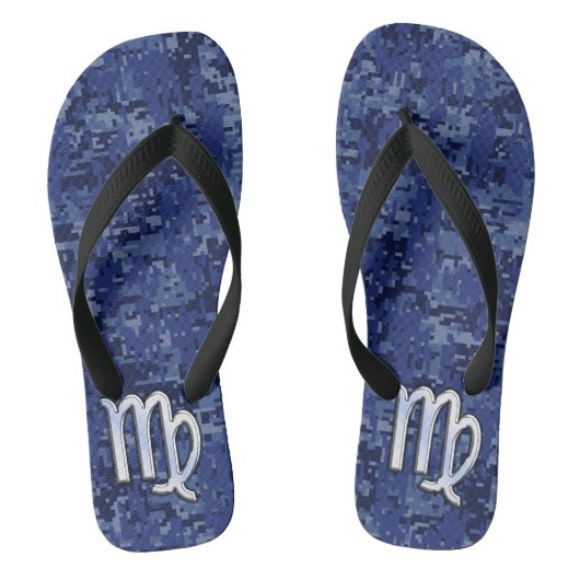 Chrome like Virgo Zodiac Sign on Blue Digital Camo Teenslippers (Voetbed)