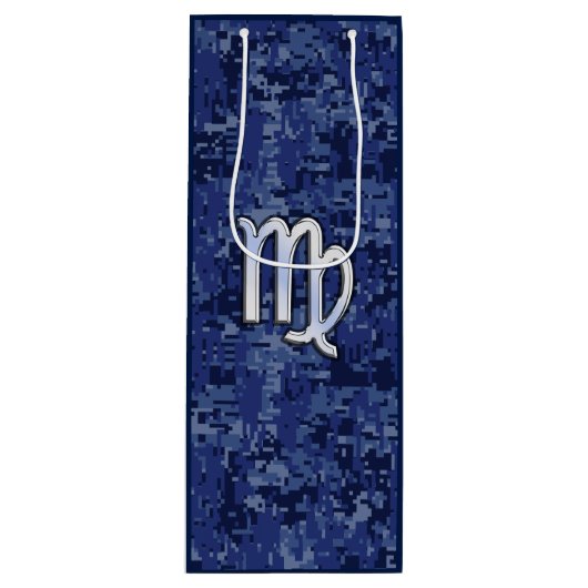 Chrome like Virgo Zodiac Sign on Blue Digital Camo Wijn Cadeautas (Voorkant)