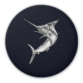 Chrome Marlin Fish on Navy Carbon Print Keramische Knop (Voorkant)