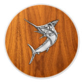 Chrome Marlin Fish on Teak Wood Grain Print Keramische Knop (Voorkant)
