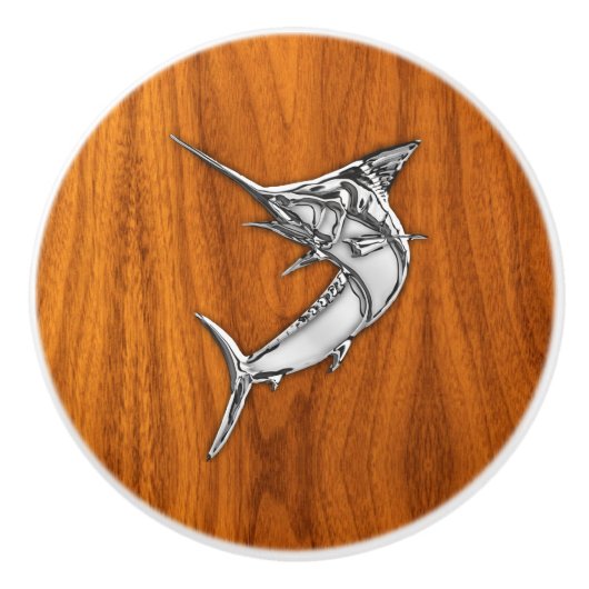 Chrome Marlin Fish on Teak Wood Grain Print Keramische Knop (Voorkant)