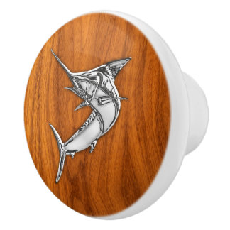 Chrome Marlin Fish on Teak Wood Grain Print Keramische Knop