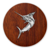 Chrome Marlin Fish op Mahogany Grain Print Keramische Knop (Voorkant)