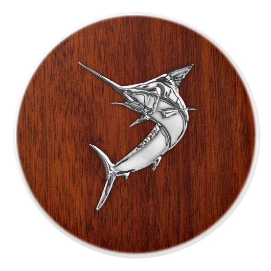 Chrome Marlin Fish op Mahogany Grain Print Keramische Knop (Voorkant)