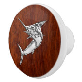 Chrome Marlin Fish op Mahogany Grain Print Keramische Knop (Rechts)