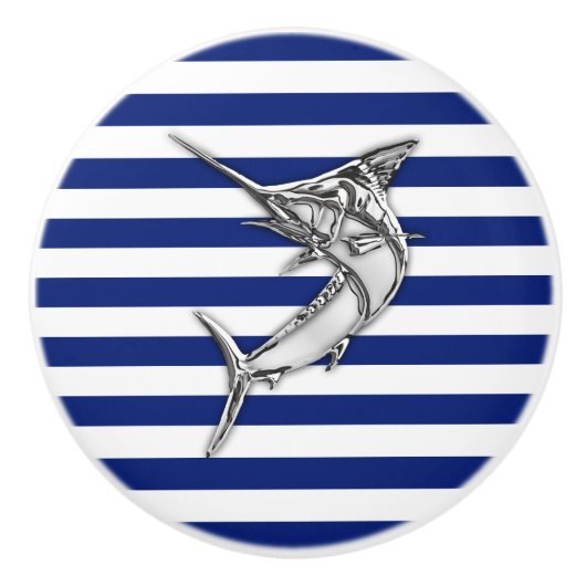 Chrome Marlin Fish op Nautical Navy Stripes Print Keramische Knop (Voorkant)