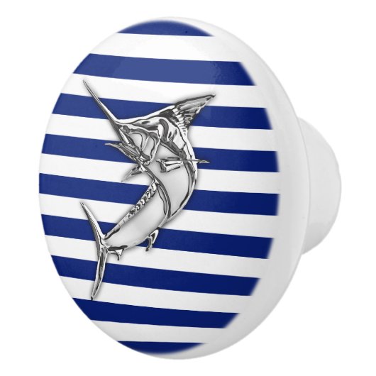 Chrome Marlin Fish op Nautical Navy Stripes Print Keramische Knop (Rechts)