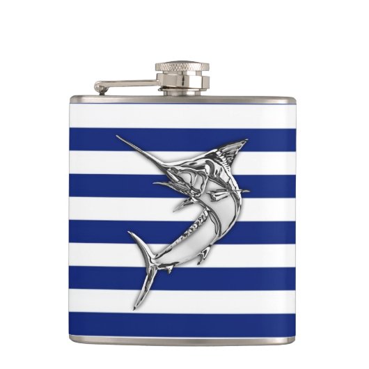 Chrome Marlin on Navy Stripes Heupfles (Voorkant)