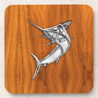 Chrome Marlin op Teak Wood Drankjes Onderzetter