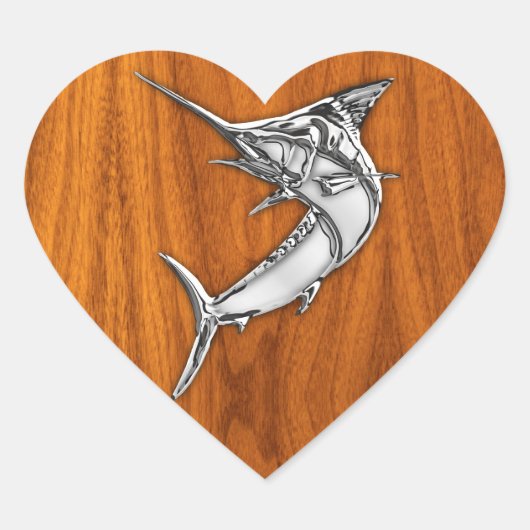 Chrome Marlin op Teak Wood Hart Sticker (Voorkant)