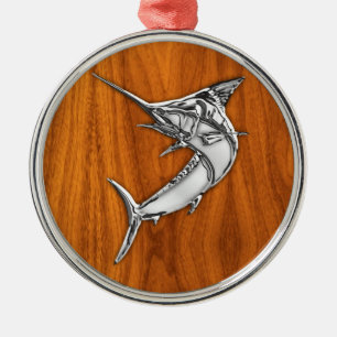 Chrome Marlin op Teak Wood Metalen Ornament